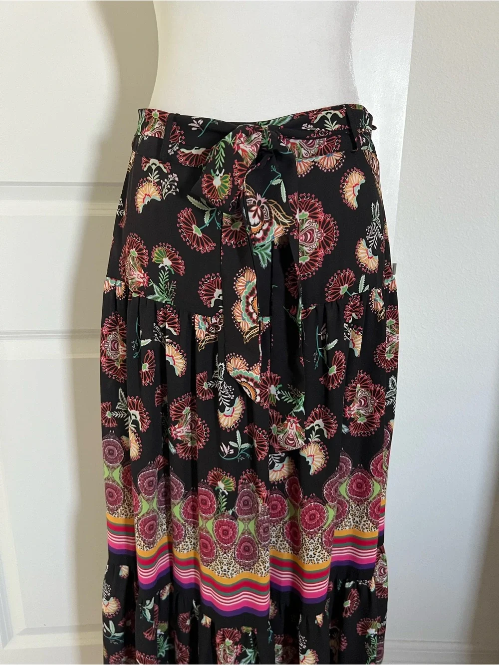 EUC Bohemian Tiered Maxi Skirt in Black with Multicolor Floral Print 4